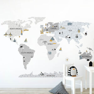 Pastelowe Love® samolepka na zeď mapa světa šedá v angličtině Velikost: L Mapa světa v angličtině