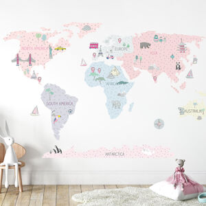 Pastelowe Love® samolepka na zeď mapa světa růžová v angličtině Velikost: S Mapa světa v angličtině