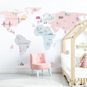 Pastelowe Love® samolepka na zeď mapa světa růžová v češtině Velikost: M Mapa světa v češtině