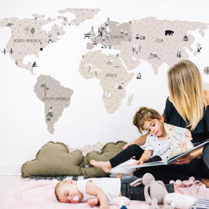 Pastelowe Love® samolepka na zeď mapa světa béžová v angličtině Velikost: L Mapa světa v angličtině