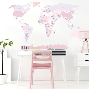 Pastelowe Love® samolepka na zeď politická mapa světa růžová v angličtině Velikost: L Mapa světa v angličtině