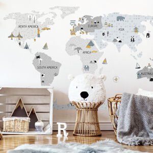 Pastelowe Love® samolepka na zeď mapa světa šedá v němčině Velikost: L Jazyk německý