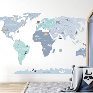 Pastelowe Love® samolepka na zeď mapa světa modrá v němčině Velikost: S Jazyk německý