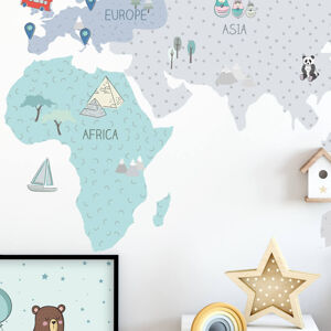 Pastelowe Love® samolepka na zeď mapa světa mint v němčině Velikost: M Jazyk německý