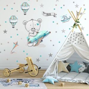 INSPIO samolepky na zeď pro kluky - Medvídek s letadlem a balóny