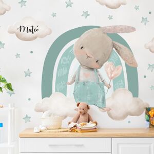 INSPIO nálepka na zeď do dětského pokoje - Zajíček s duhou a jménem